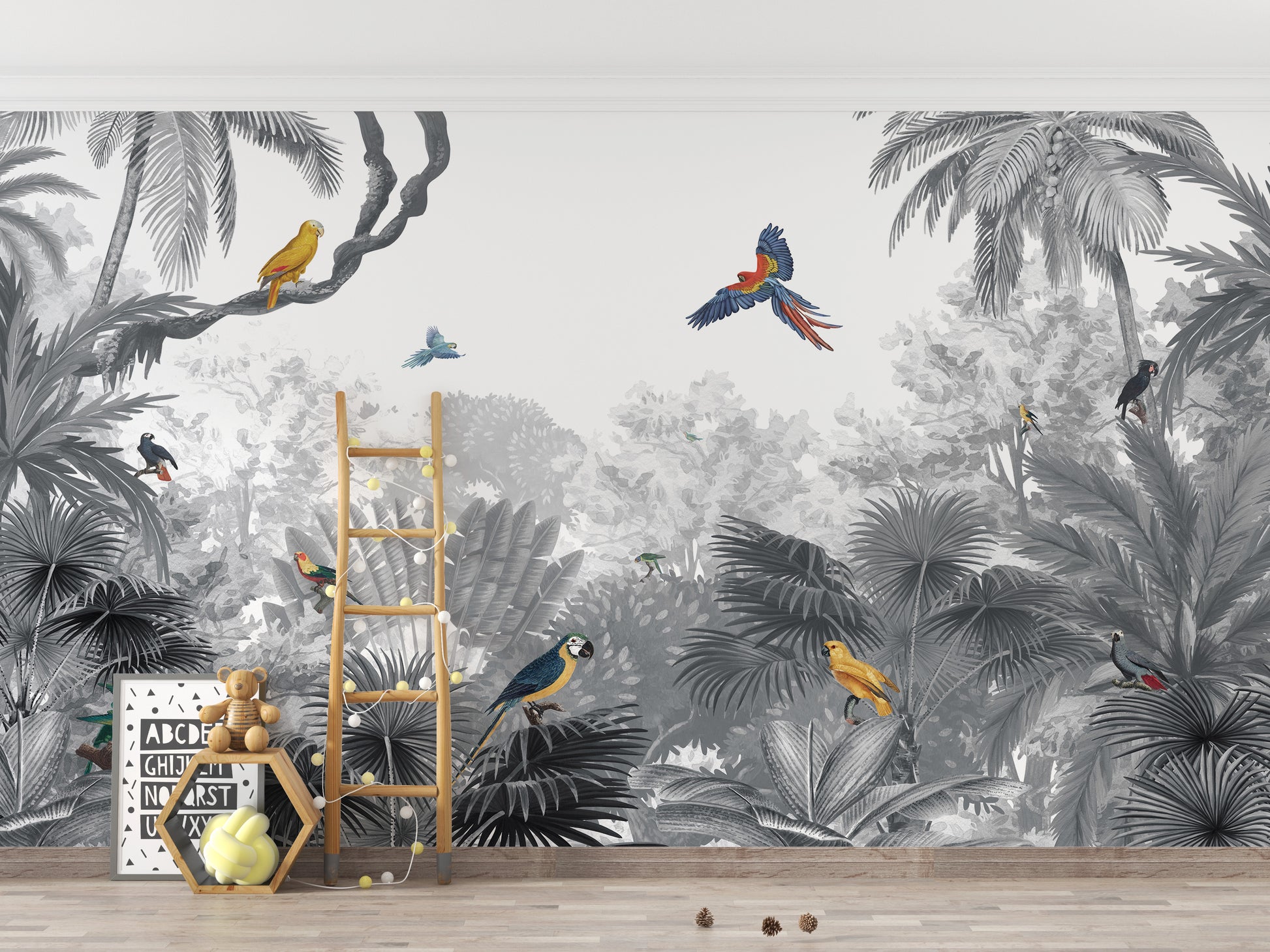 Monochrome Tropical Jungle Birds wallpaper with macaws and palms in a kids room with a wooden ladder and teddy