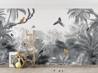 Monochrome Tropical Jungle Birds wallpaper with macaws and palms in a kids room with a wooden ladder and teddy