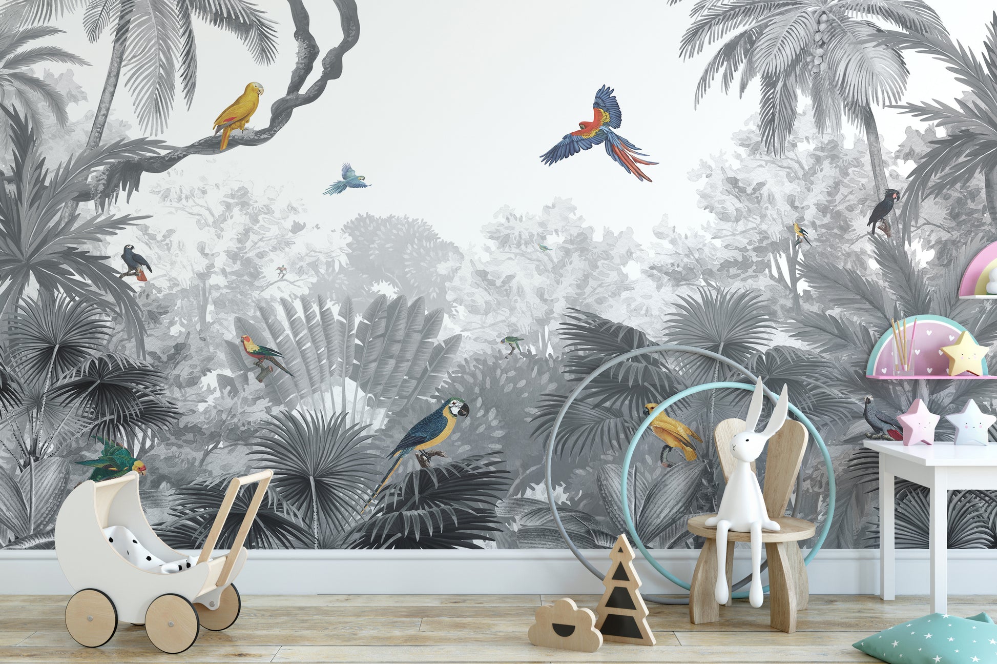 Monochrome Tropical Jungle Birds wallpaper showing parrots over grey jungle in a kids room with a toy pram