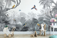 Monochrome Tropical Jungle Birds wallpaper showing parrots over grey jungle in a kids room with a toy pram