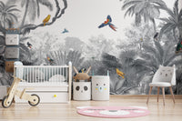Monochrome Tropical Jungle Birds wallpaper with grey palms and colourful macaws in a nursery with a white crib