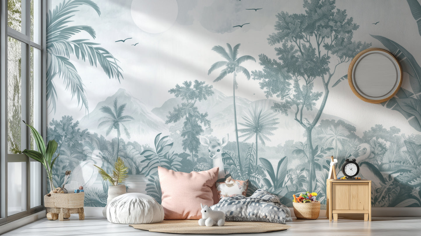 Grayscale jungle wallpaper featuring lush greenery and deer

