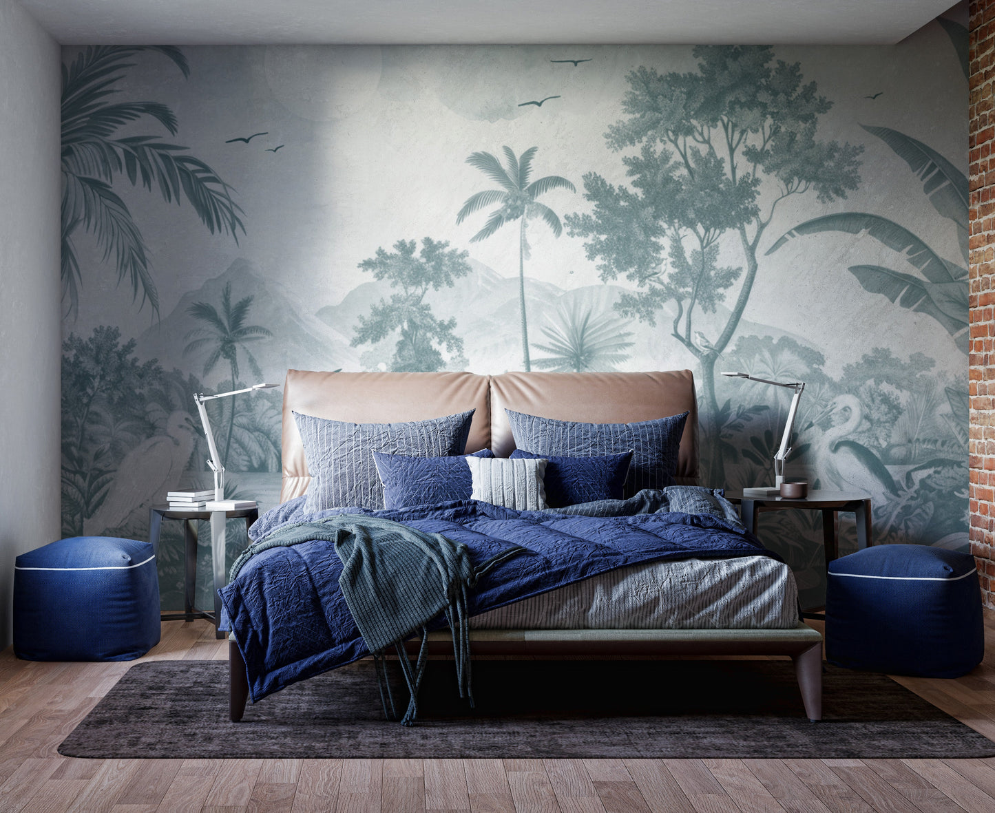 Monochrome tropical jungle wallpaper with palm trees and wildlife
