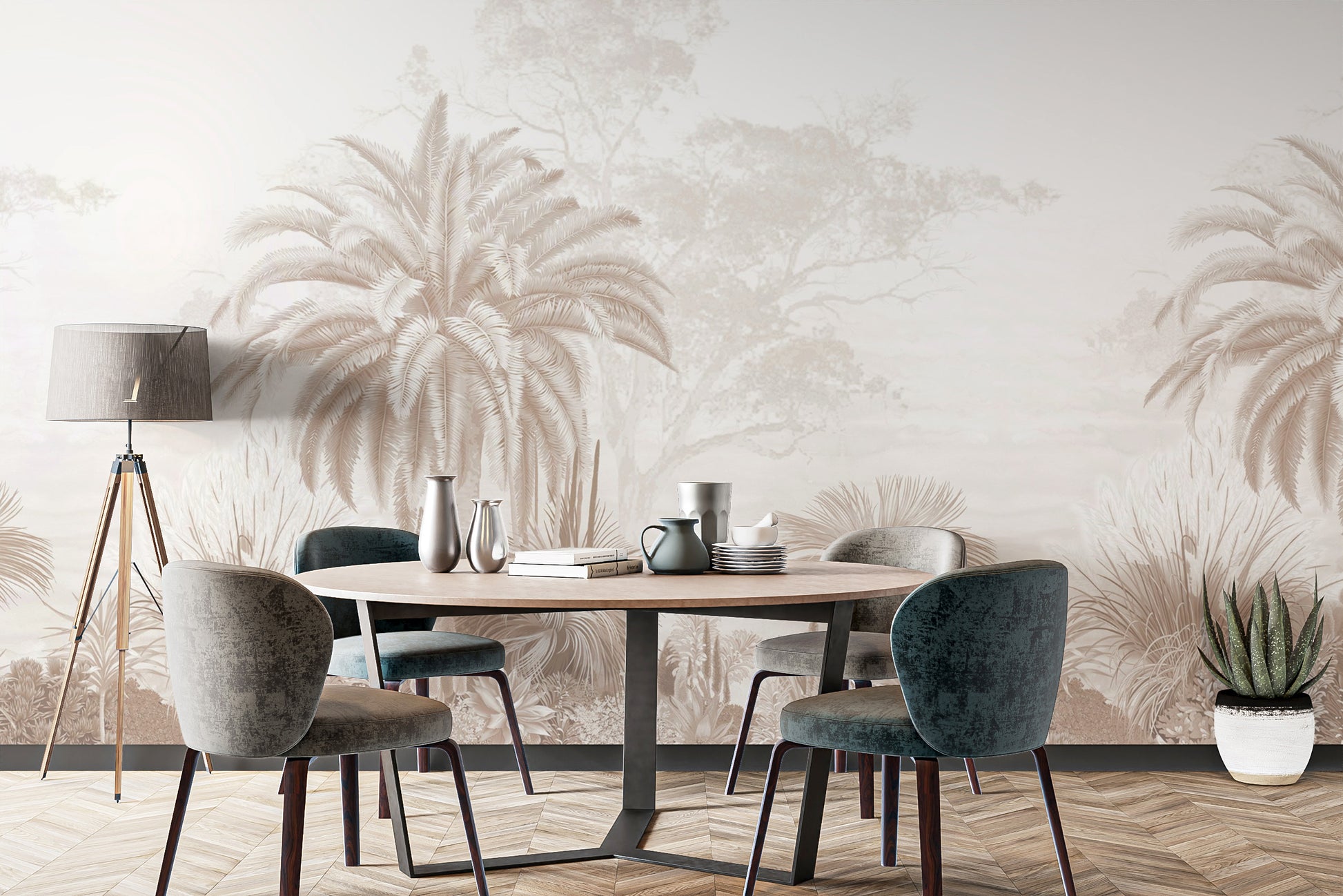 Monochrome botanical wallpaper with exotic plants
