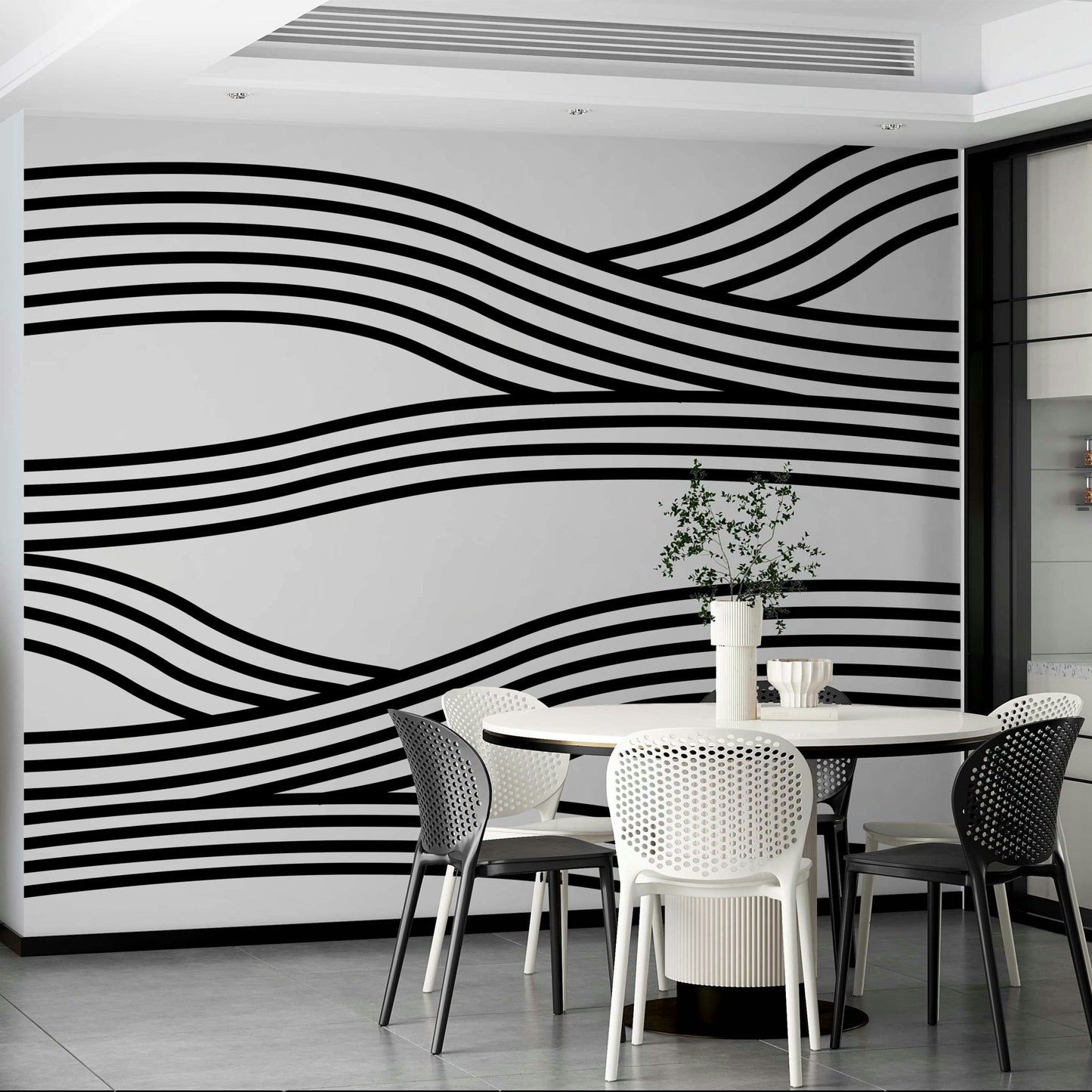 Modern monochrome wave mural for a dynamic interior.

