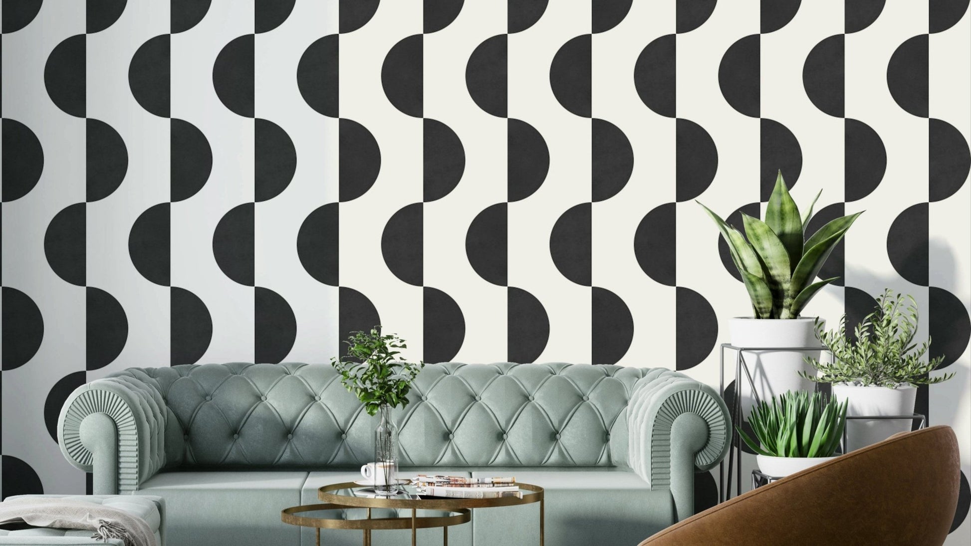 A modern wall mural with a repeating monochrome wave pattern.

