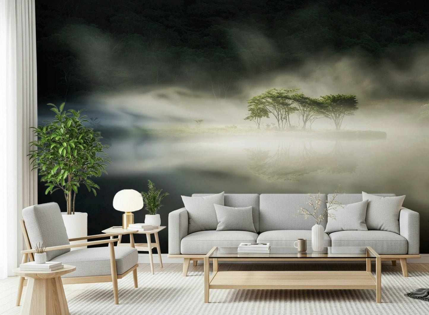 Monochrome Woodland Veil decor, quiet landscape with soft lighting effects.