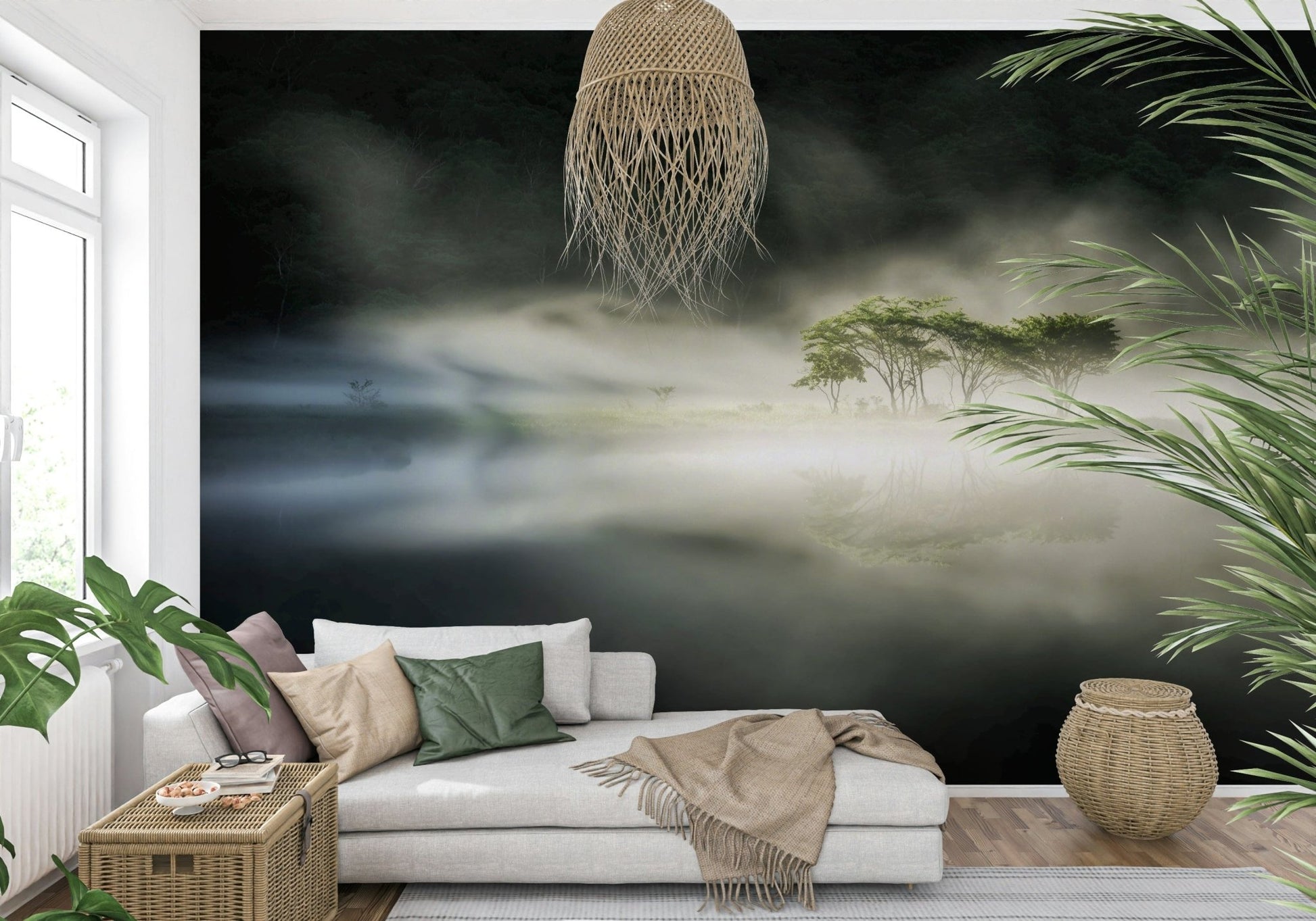 Peaceful Monochrome Woodland Veil vista, foliage gently emerging from fog.
