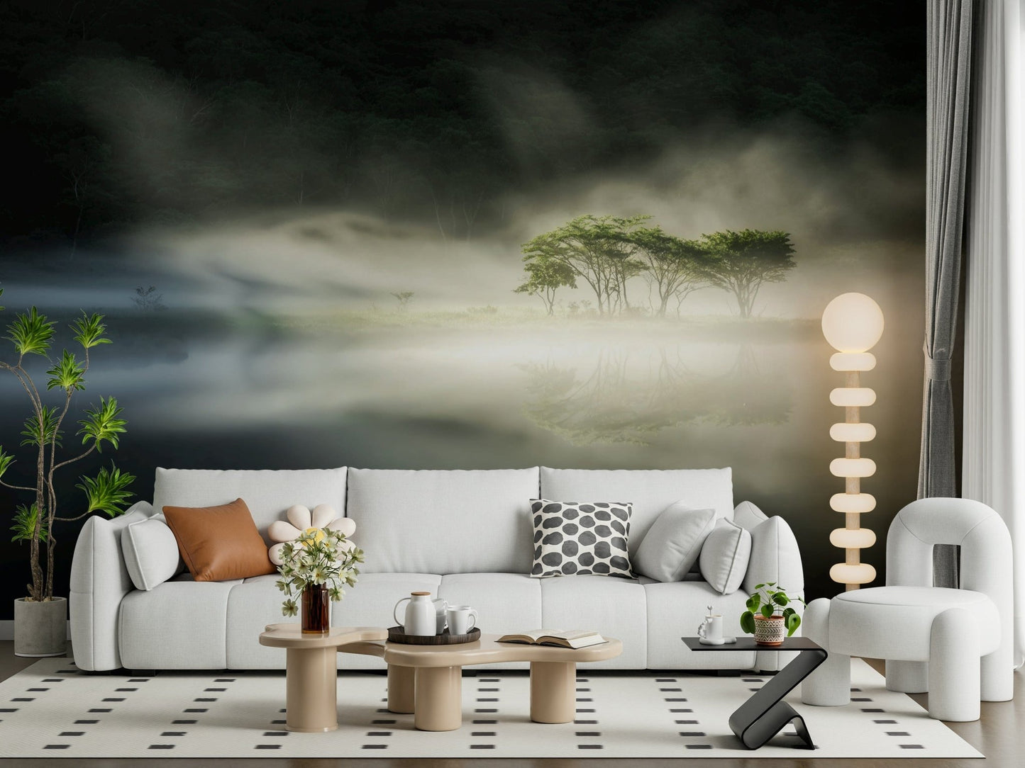 Calm wall covering showing woods shrouded in white vaporous veils.