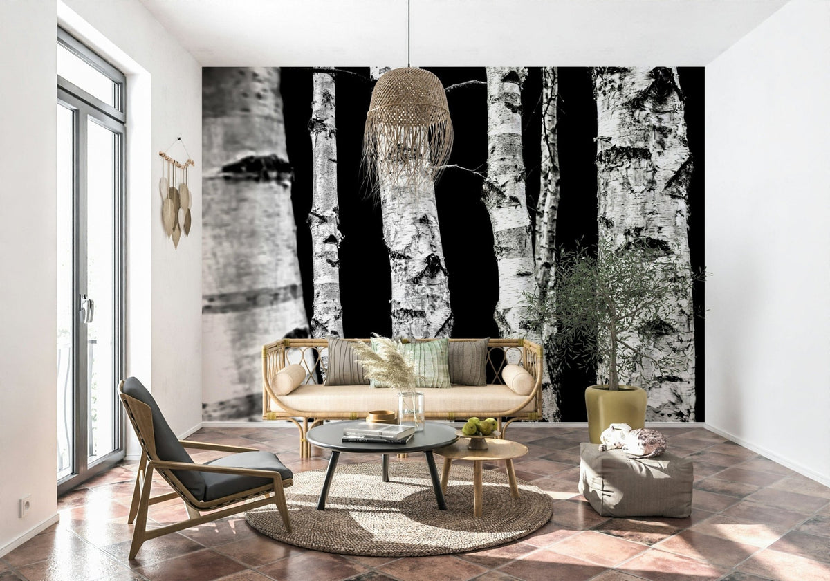 Unique wall covering Monochrome Woods with tree bark details.