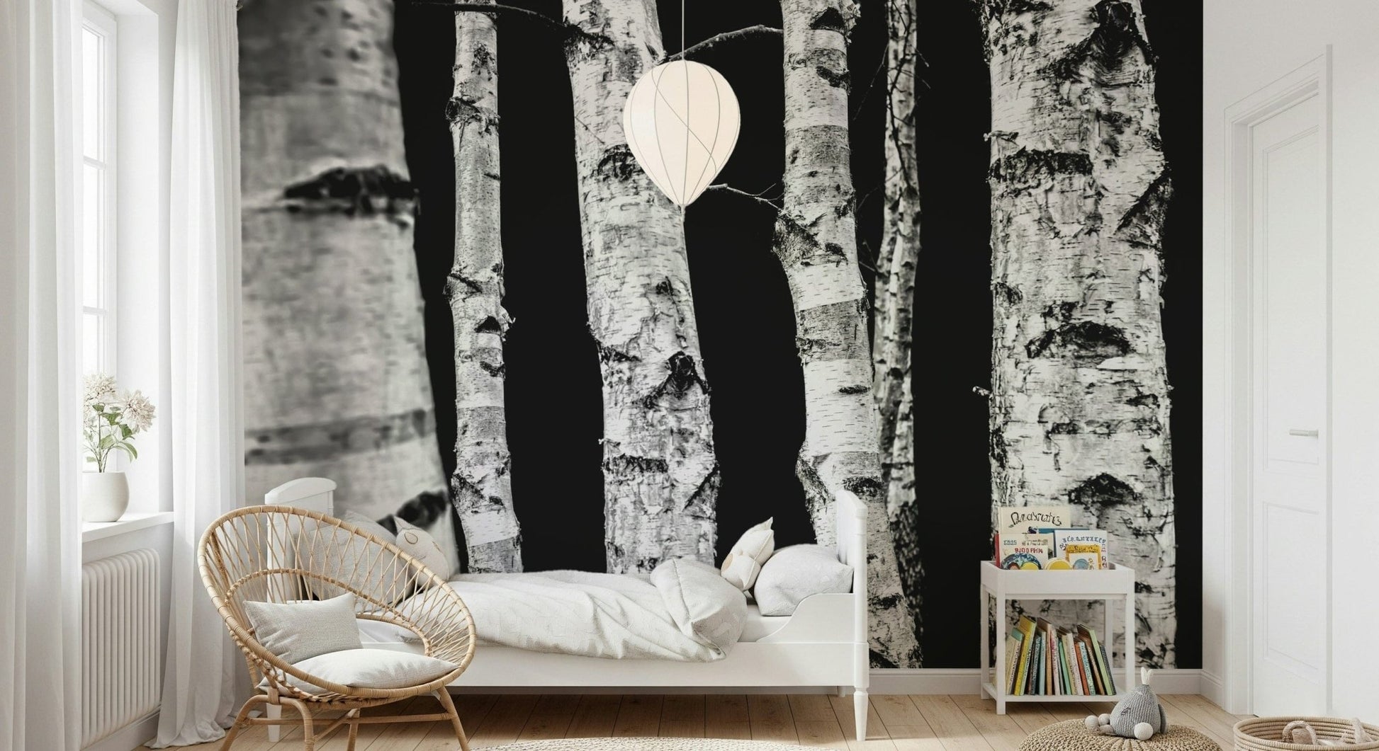 Stunning woods mural showcasing vertical birch trunks in monochrome.