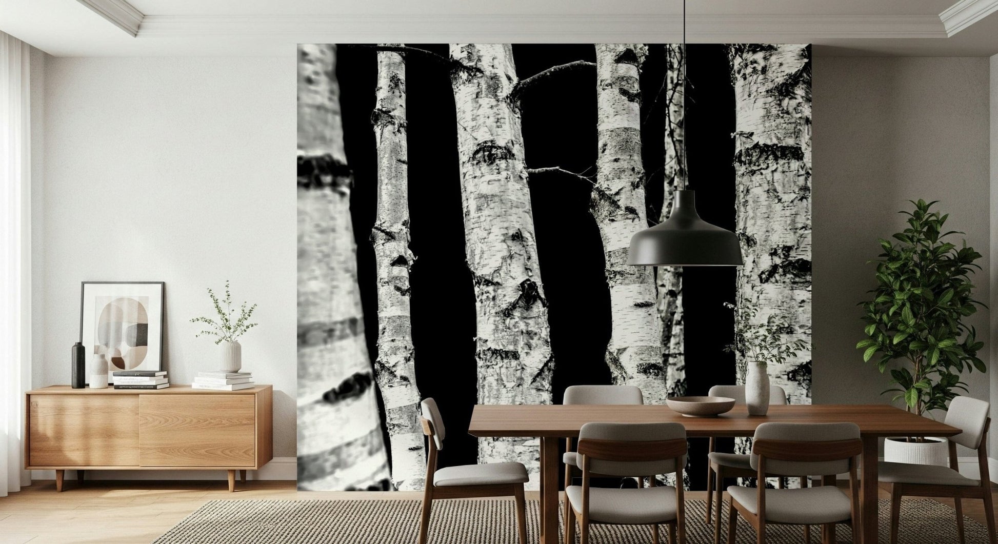 Decorative woods wallpaper mural with detailed tree texture.