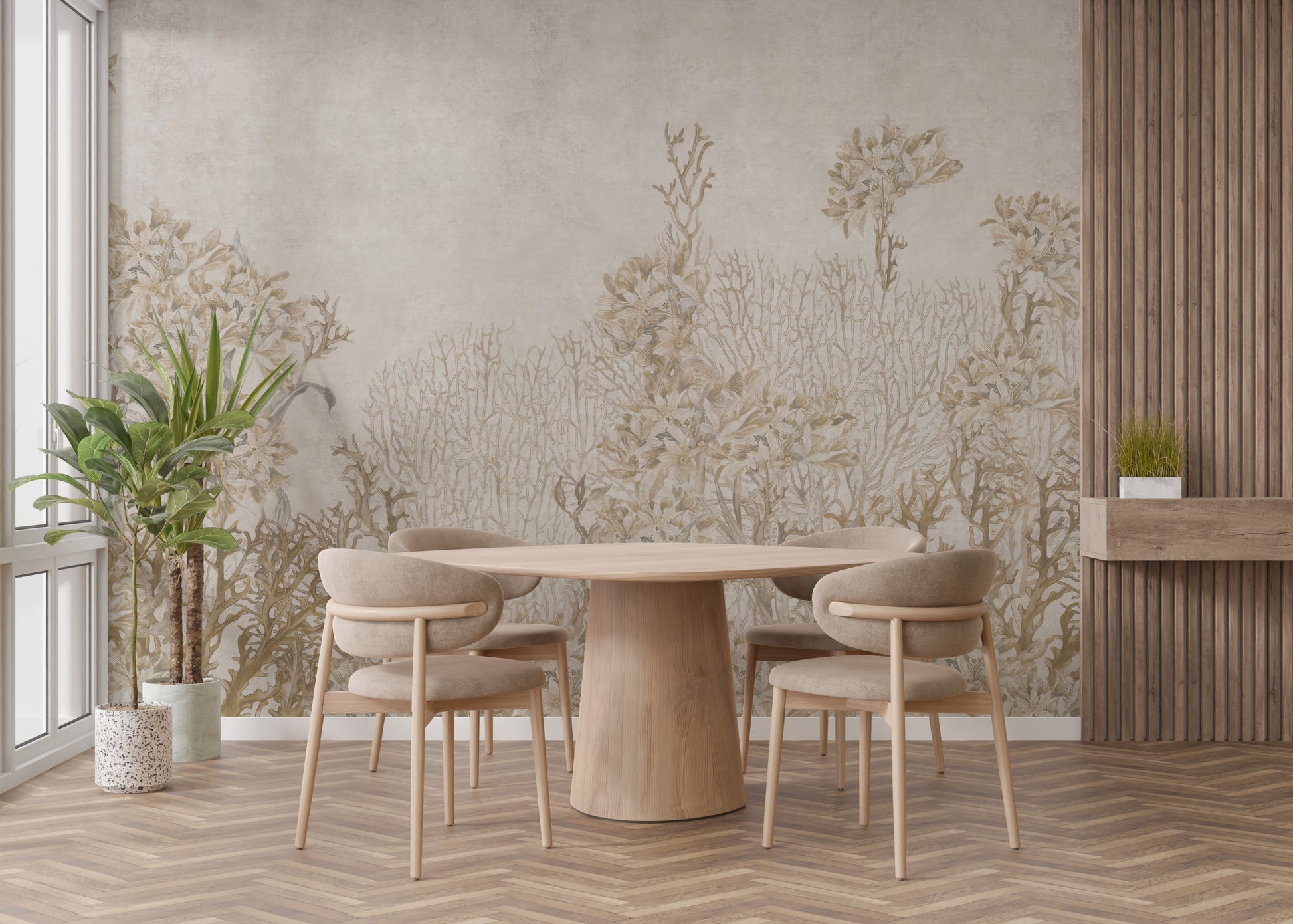 Monotone Sepia Flowers Shaded wallpaper mural styled along a hallway feature wall near a console in warm sepia tones