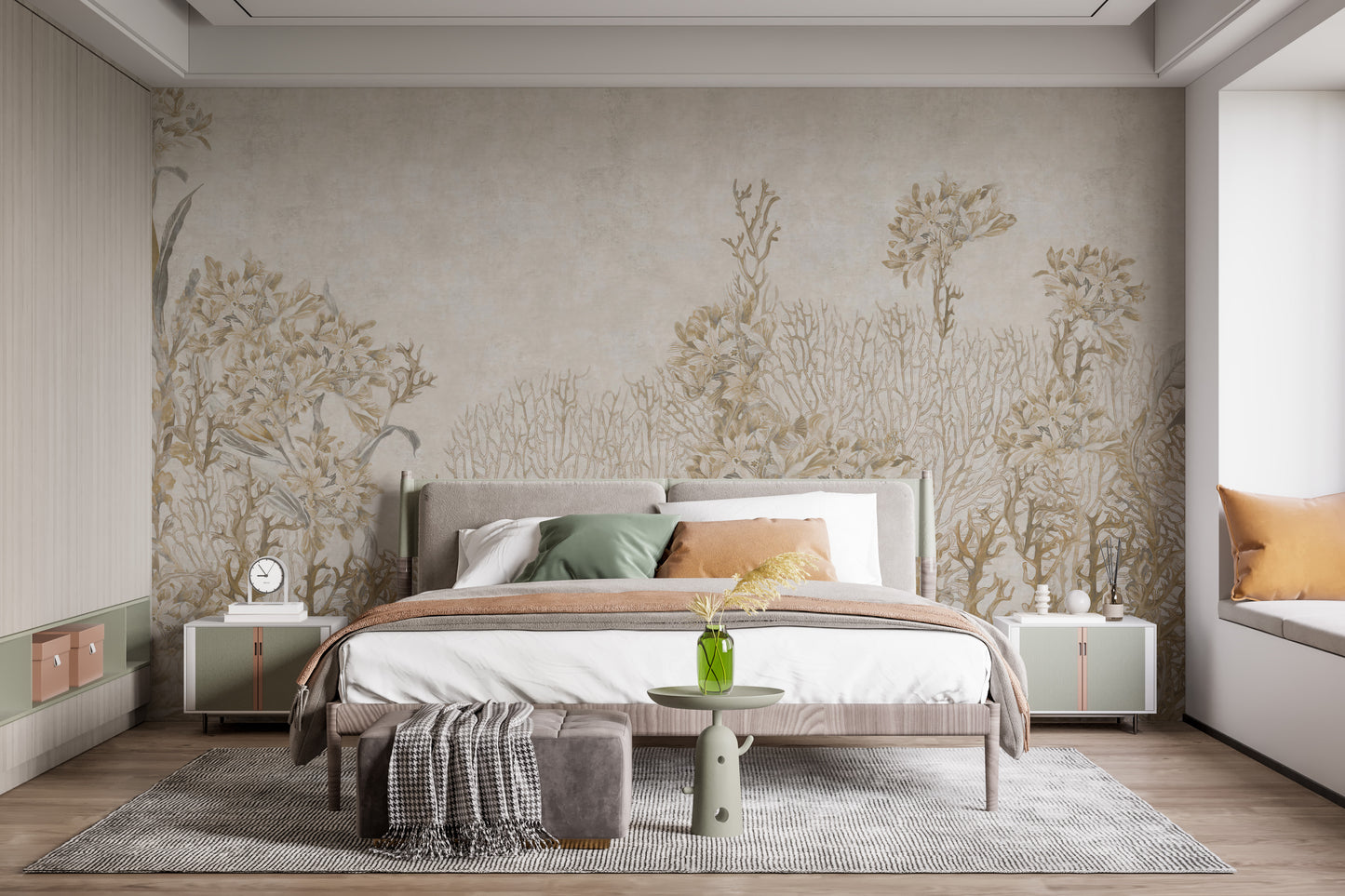 Monotone Sepia Flowers Shaded wallpaper mural as a feature wall in a home office workspace in warm sepia tones
