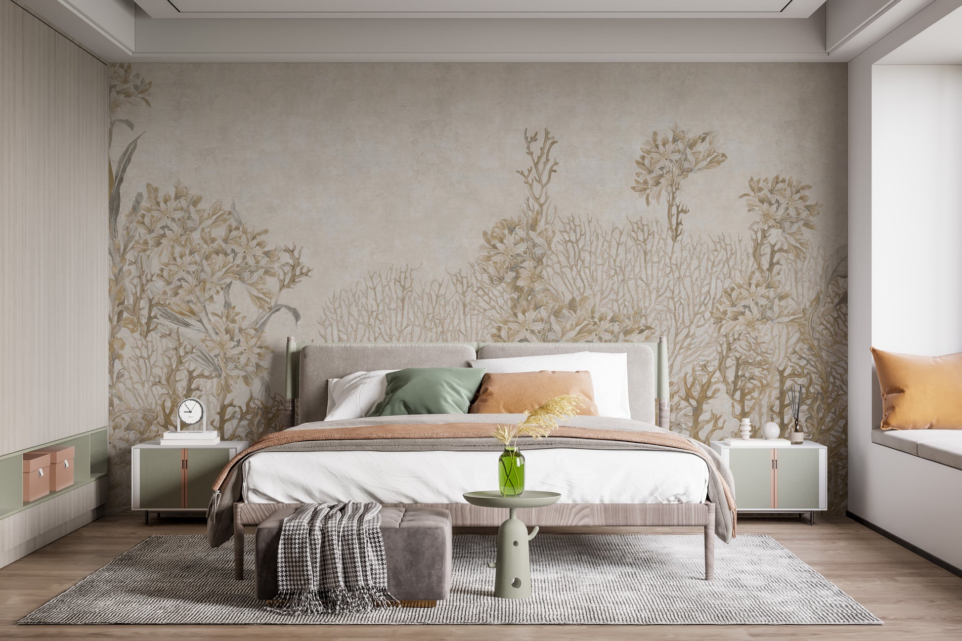 Monotone Sepia Flowers Shaded wallpaper mural as a feature wall in a home office workspace in warm sepia tones
