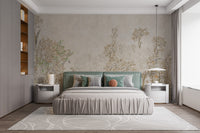 Monotone Sepia Flowers Shaded wallpaper mural styled as a feature wall behind a dining table and chairs in warm sepia tones