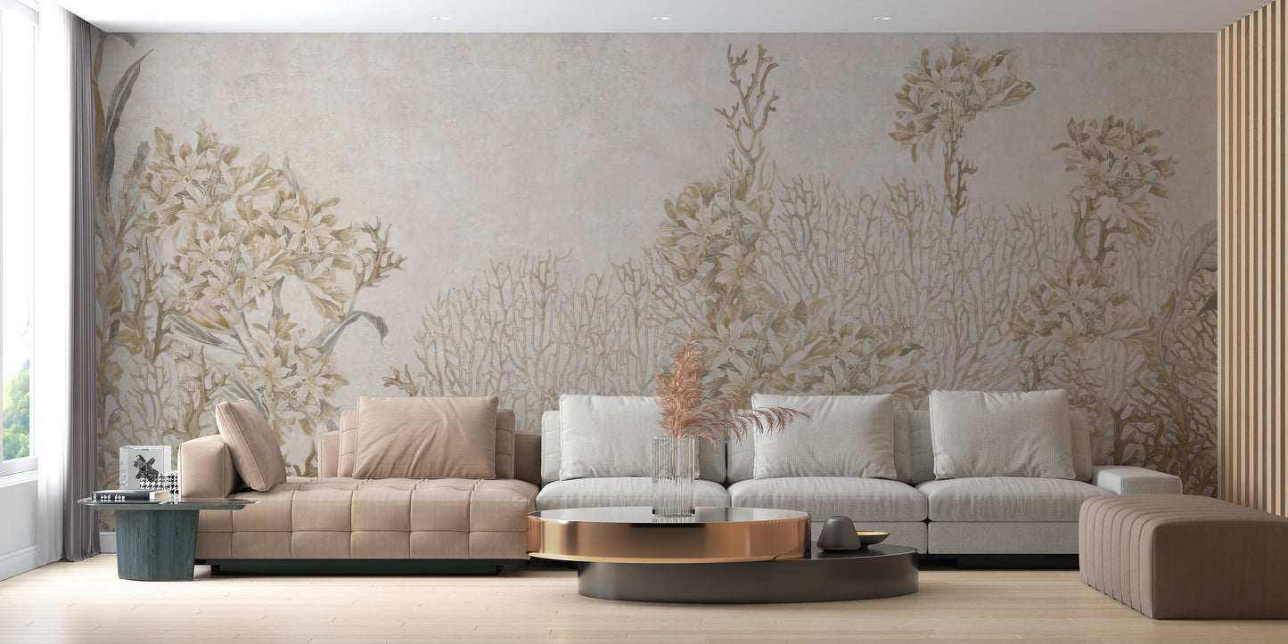 Monotone Sepia Flowers Shaded wallpaper mural as a bedroom feature wall behind the headboard in warm sepia tones