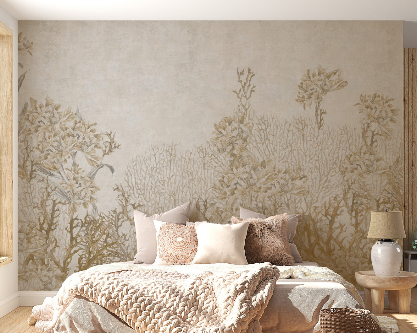 Sepia monotone flowers shaded wallpaper mural
