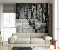 Parisian stairway mural with vintage street lamps and steps.

