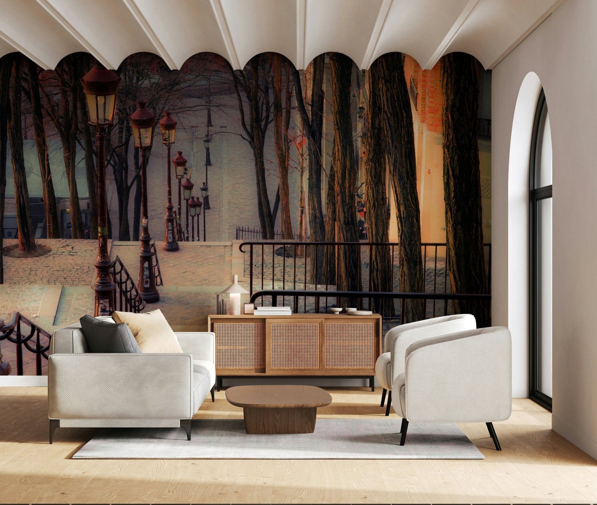 Staircase street scene mural in bedroom headboard wall, calm color tones, modern decor