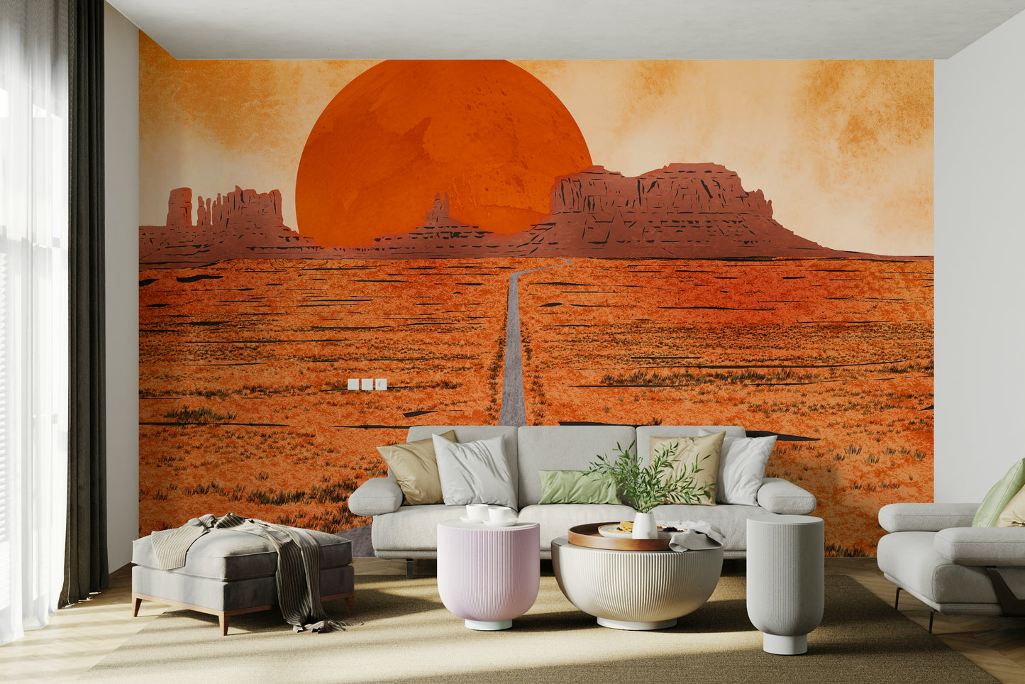 Monument Valley Sunset Mural Wallpaper showcasing iconic geological shapes in a hallway.