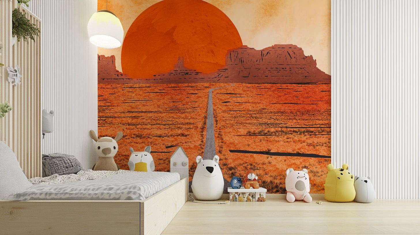 Earthy desert tones and sunset sky gradients on a high-quality wall covering.