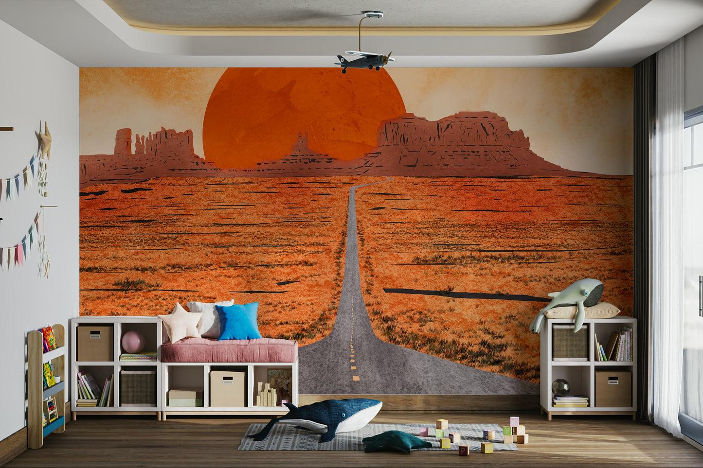Sunset over sand dunes and rocky peaks on a bespoke wall mural.