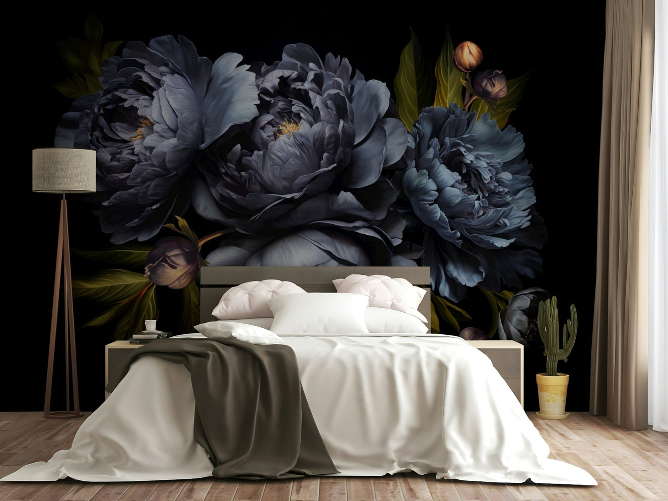 The image shows a peaceful, natural scene with dramatic peonies and golden leaves.

