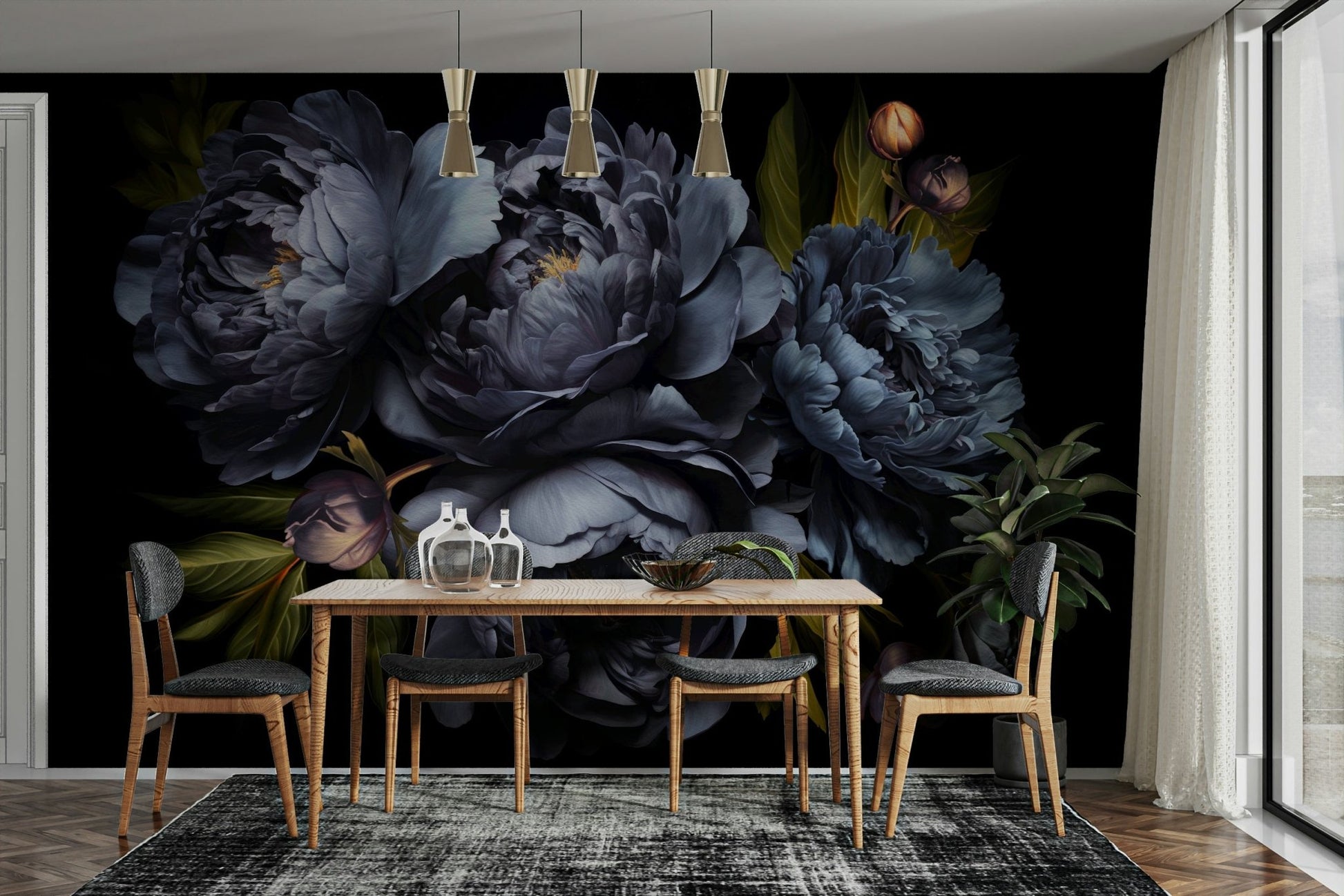 The peonies and golden leaves are a central focus of the image.

