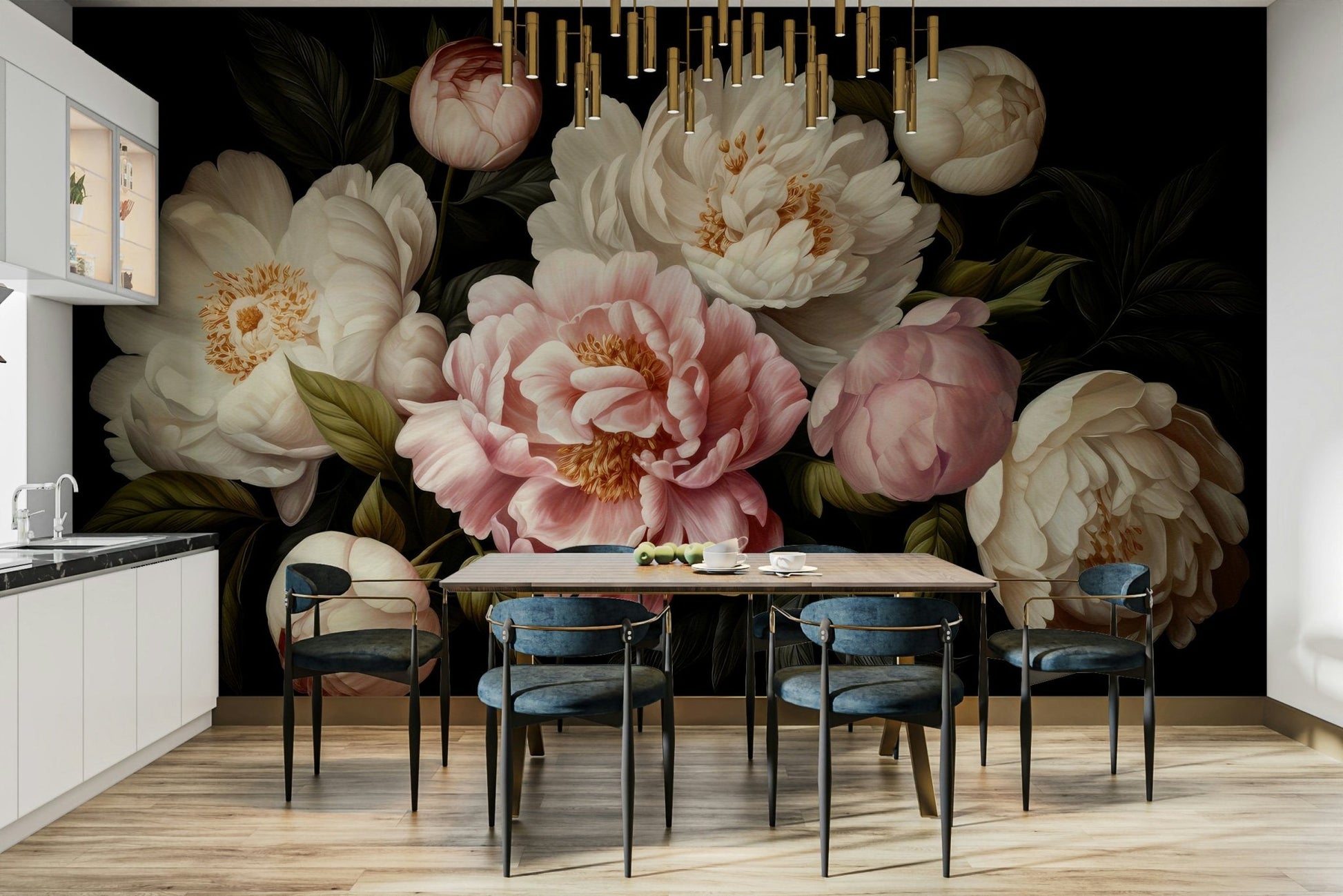 The image shows a peaceful, natural scene with dramatic flowers and soft light.

