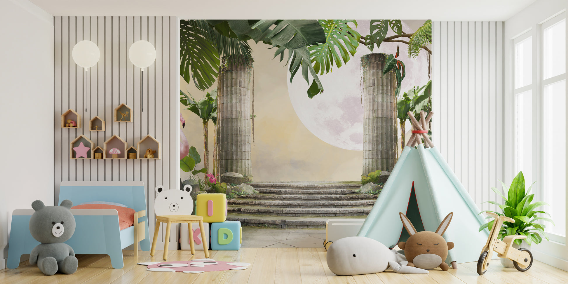 Moon Flamingo Banana Leave wallpaper mural with moon and columns above a blue toddler bed and teepee in a kids room
