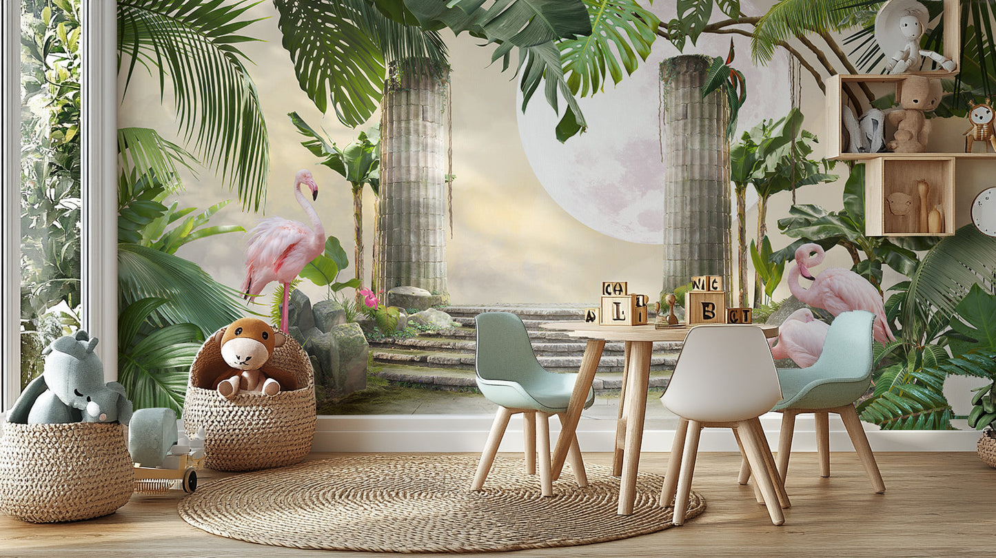Moon Flamingo Banana Leave wallpaper mural with pink flamingos behind teal play chairs in a kids playroom