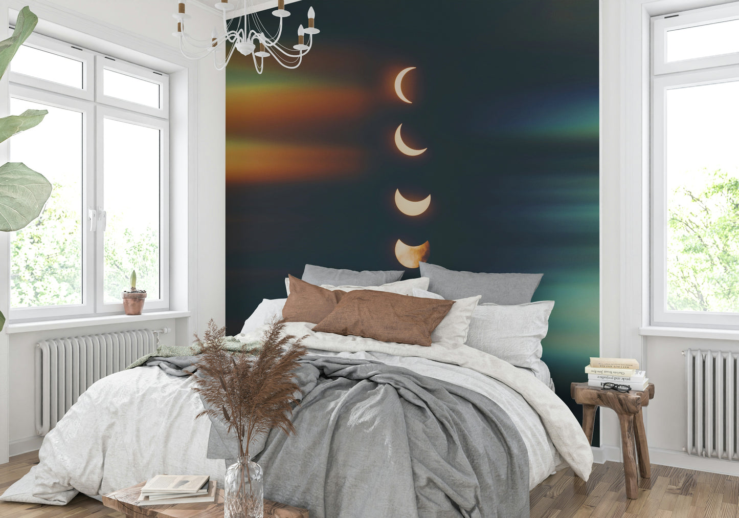 A glowing, celestial design against a starry sky.

