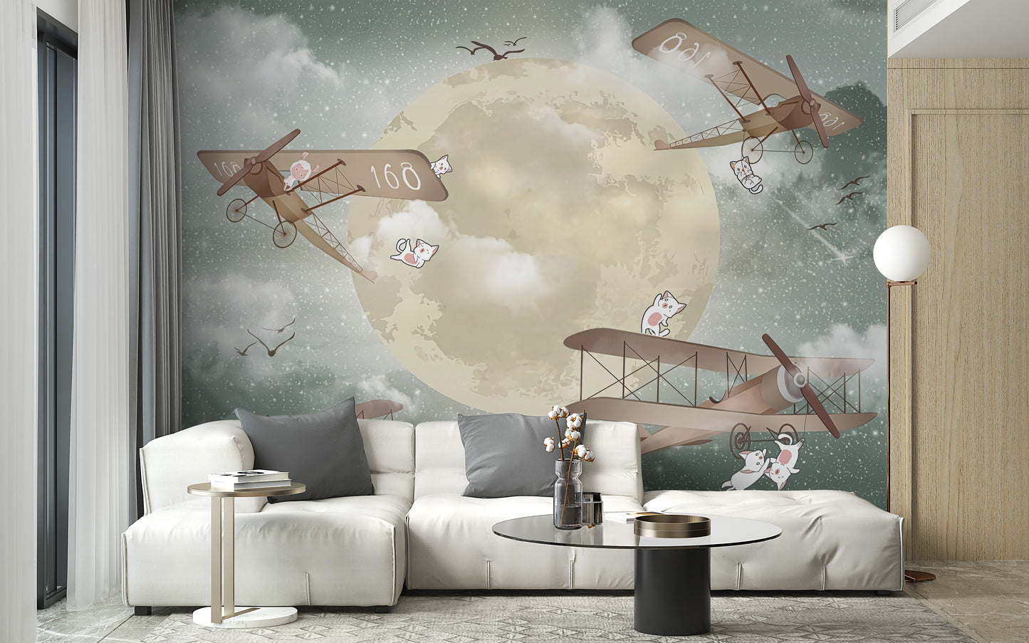 Moonlight Airplanes wallpaper mural styled along a hallway feature wall near a console in turquoise tones