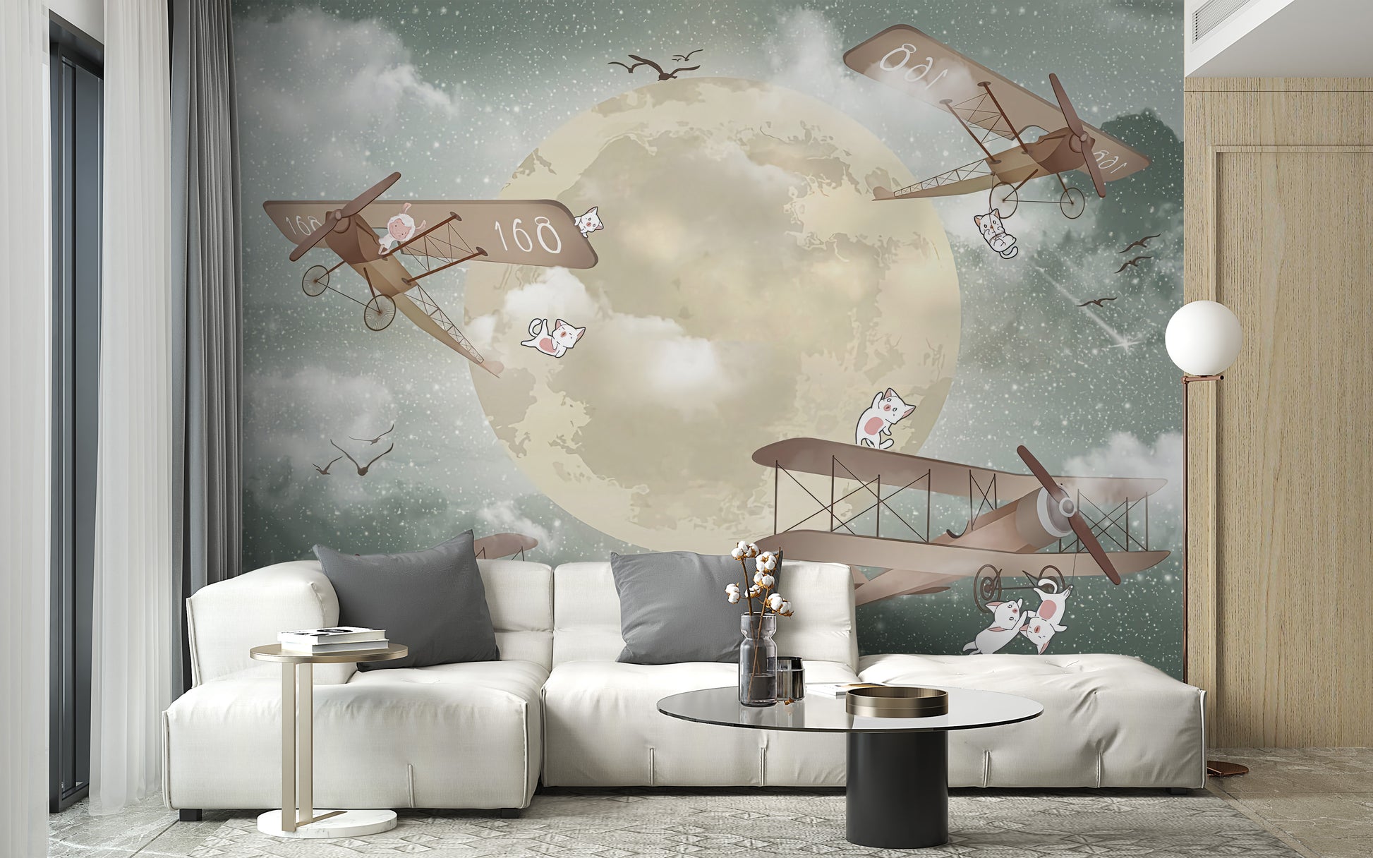 Moonlight Airplanes wallpaper mural styled along a hallway feature wall near a console in turquoise tones
