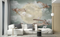 Moonlight Airplanes wallpaper mural styled along a hallway feature wall near a console in turquoise tones