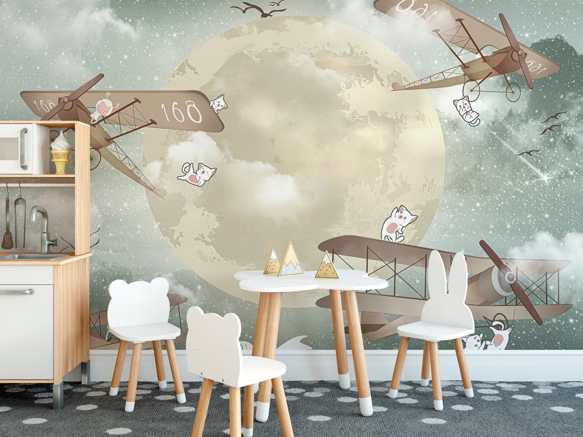 Moonlight Airplanes wallpaper mural as a feature wall in a home office workspace in turquoise tones