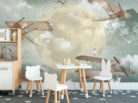 Moonlight Airplanes wallpaper mural as a feature wall in a home office workspace in turquoise tones