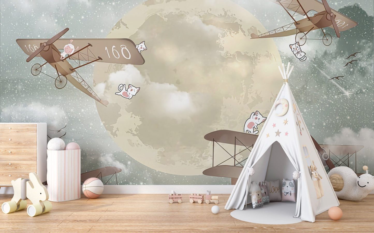 Moonlight Airplanes wallpaper mural shown as a full feature wall that highlights the design