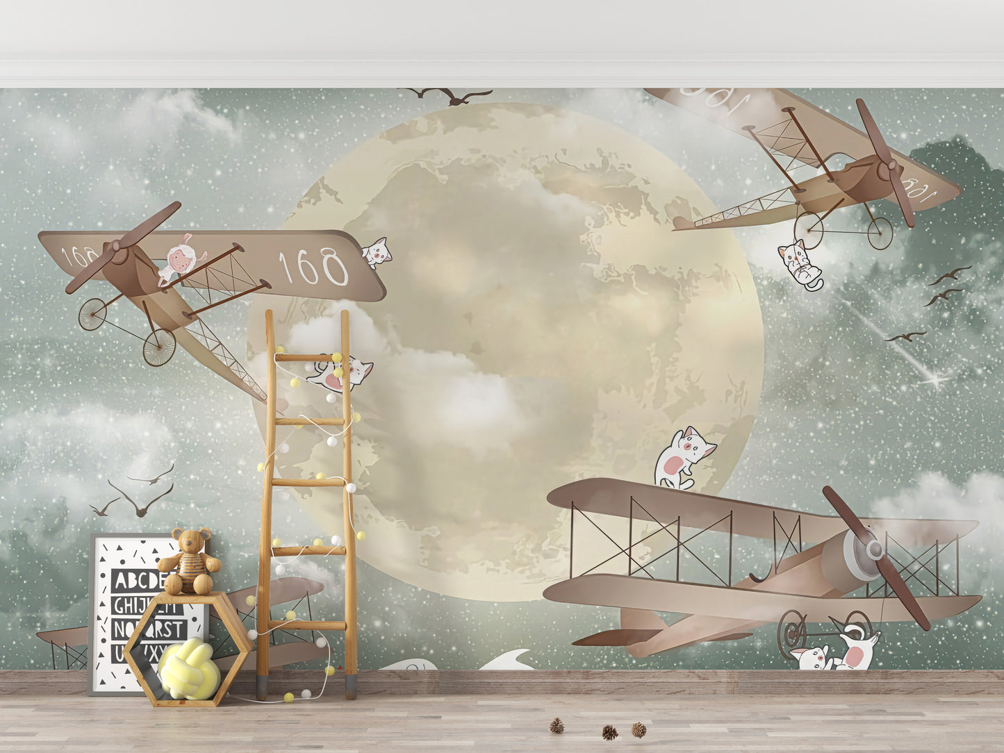 Moonlight Airplanes wallpaper mural styled as a feature wall behind a dining table and chairs in turquoise tones