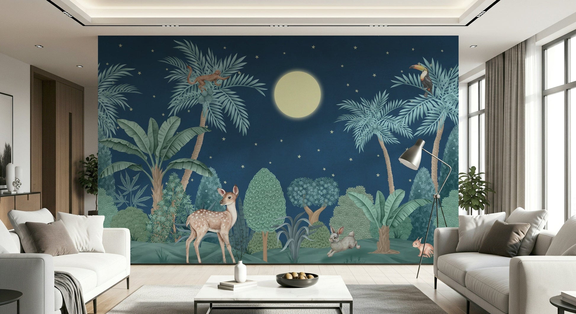 Moonlit jungle feature wall in dining room, rich color tones