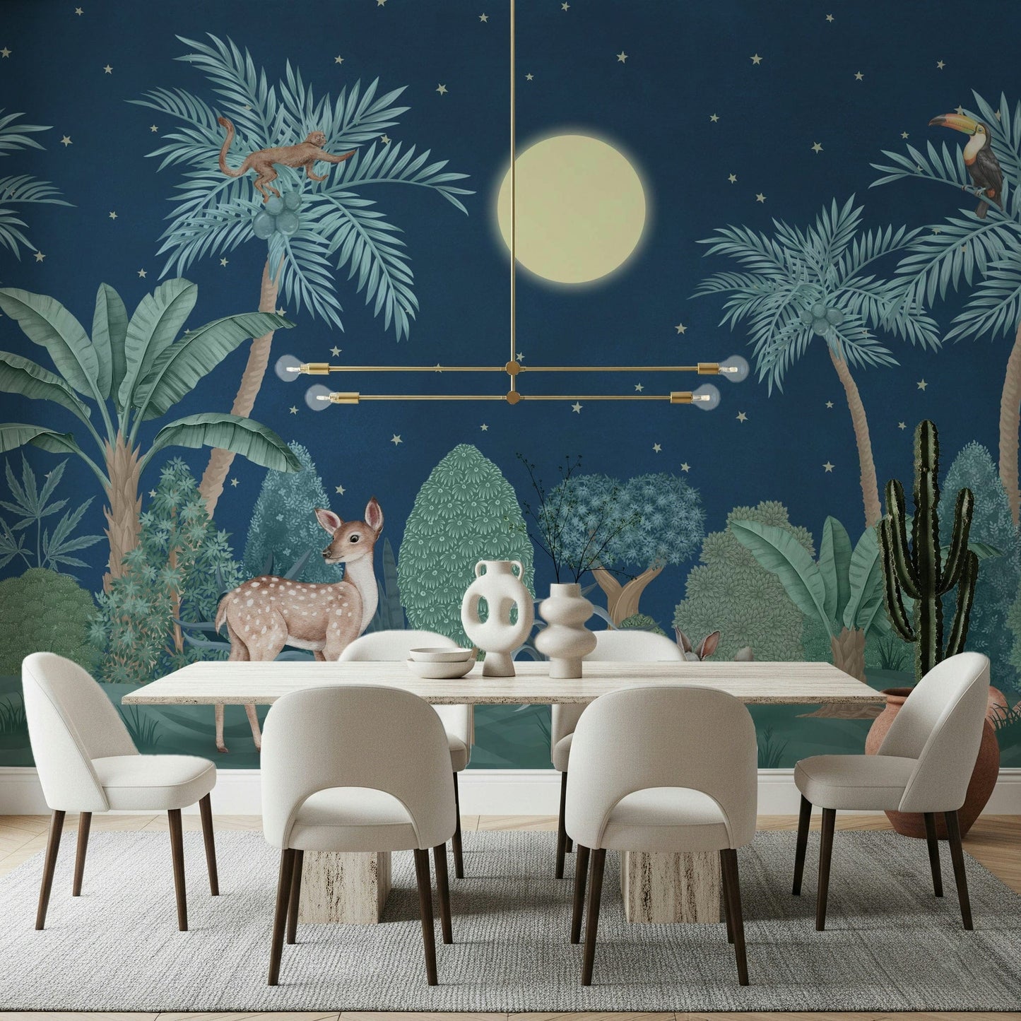 Jungle night wall mural in hallway, modern decor in dark colors