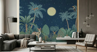 Moonlit foliage mural in reading nook, calm color contrast