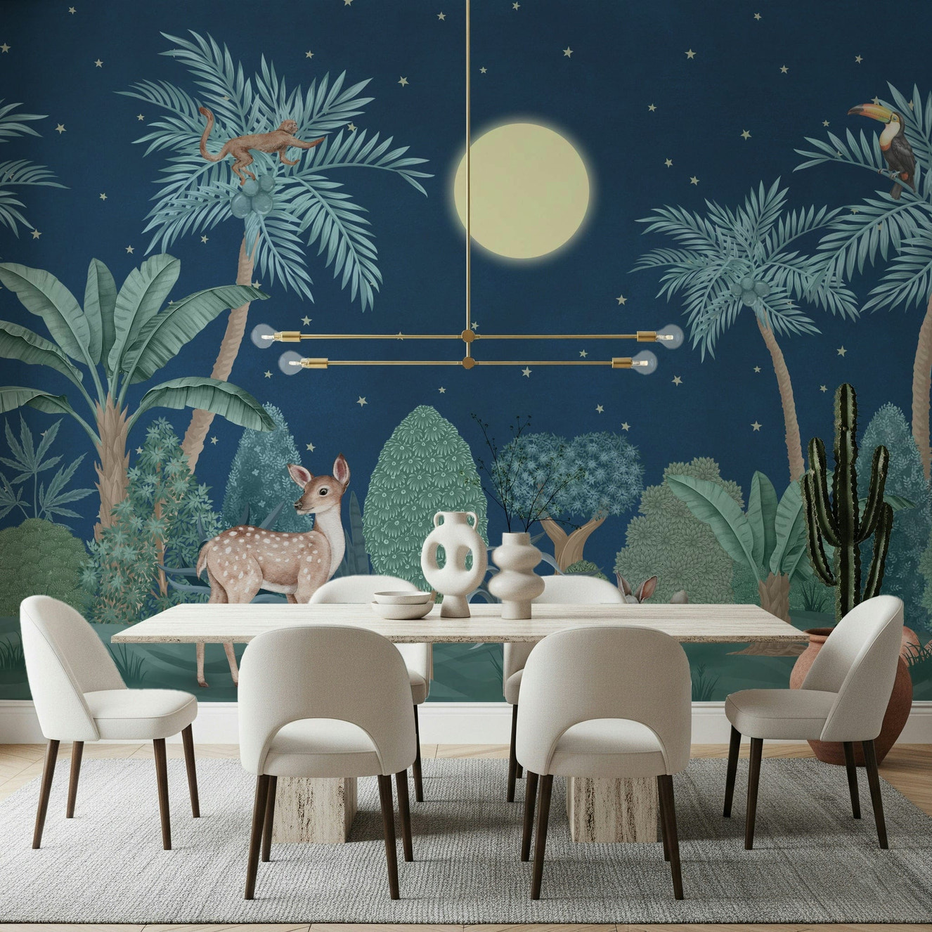 Jungle night wall mural in hallway, modern decor in dark colors