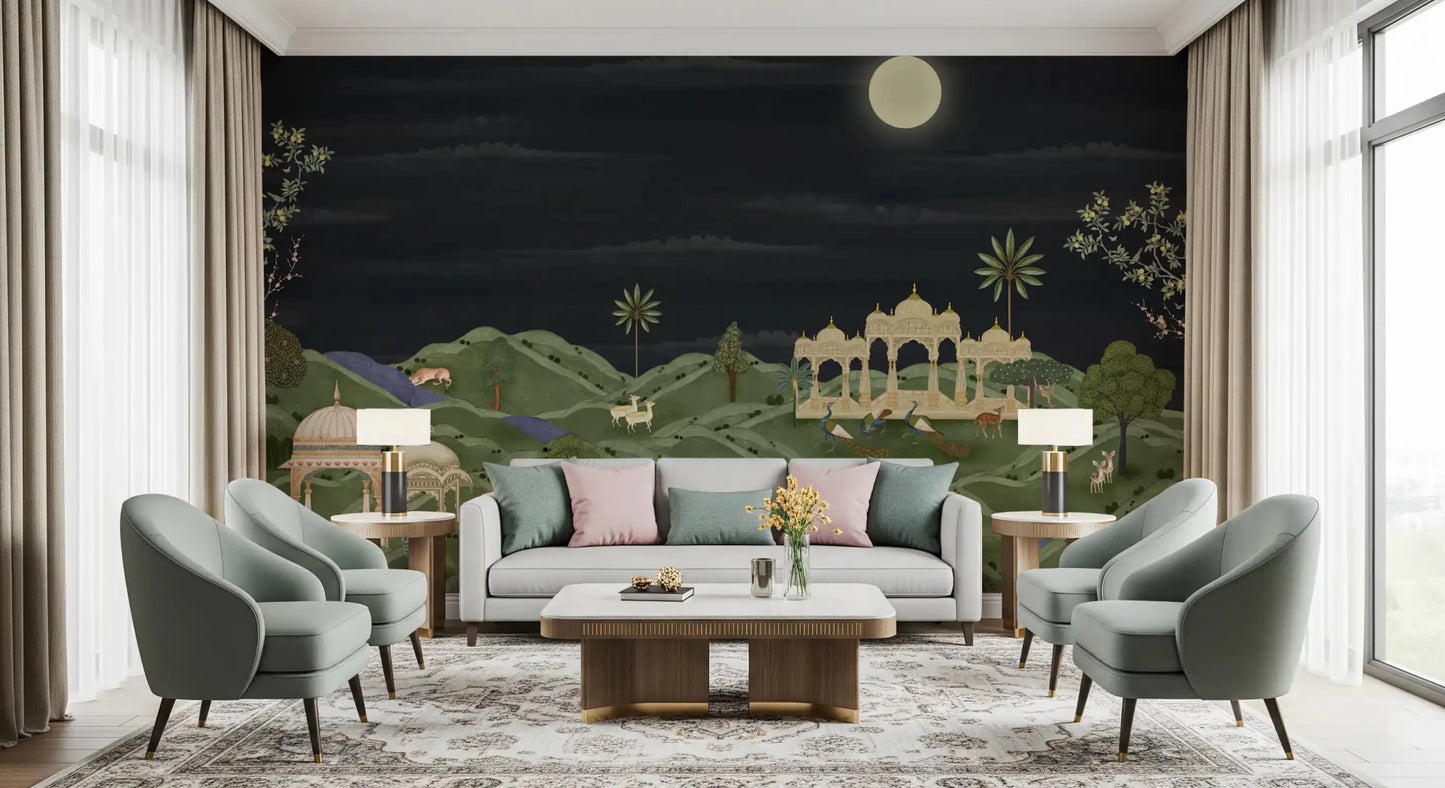 Living room Moonlit Palace Garden wall mural with palace pavilion