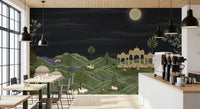 Night landscape wall mural with palace garden and wildlife
