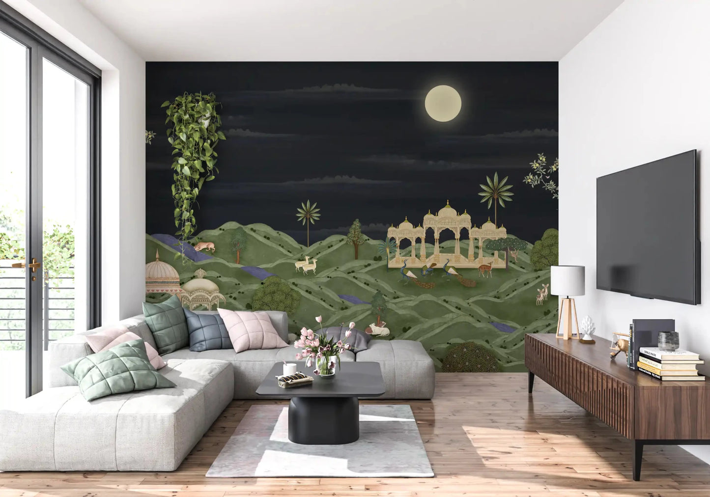 Hallway Moonlit Palace Garden wall mural featuring moonlit deer