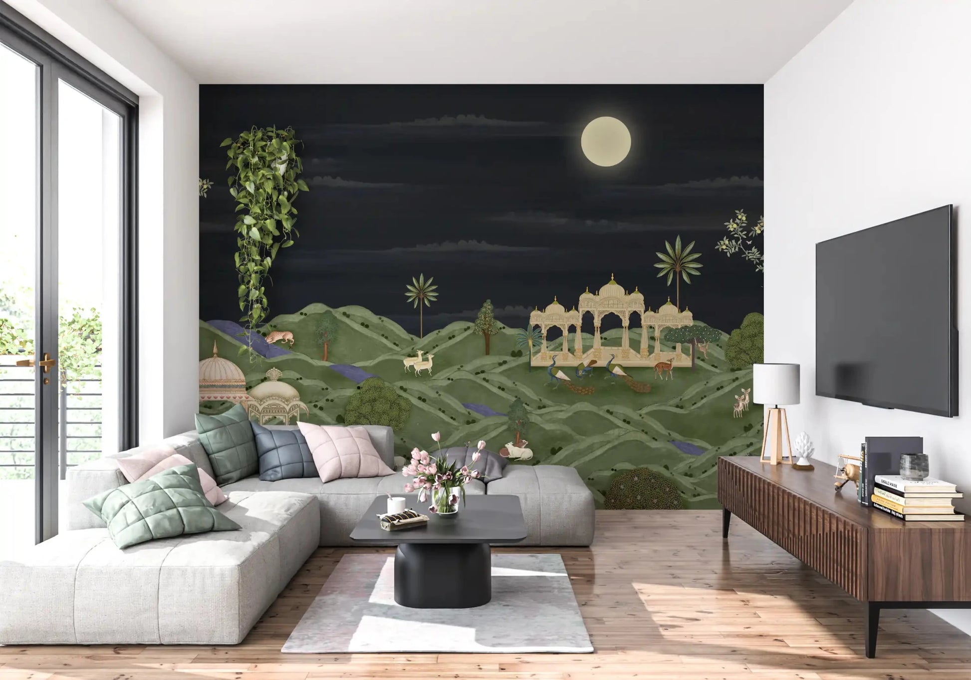 Hallway Moonlit Palace Garden wall mural featuring moonlit deer