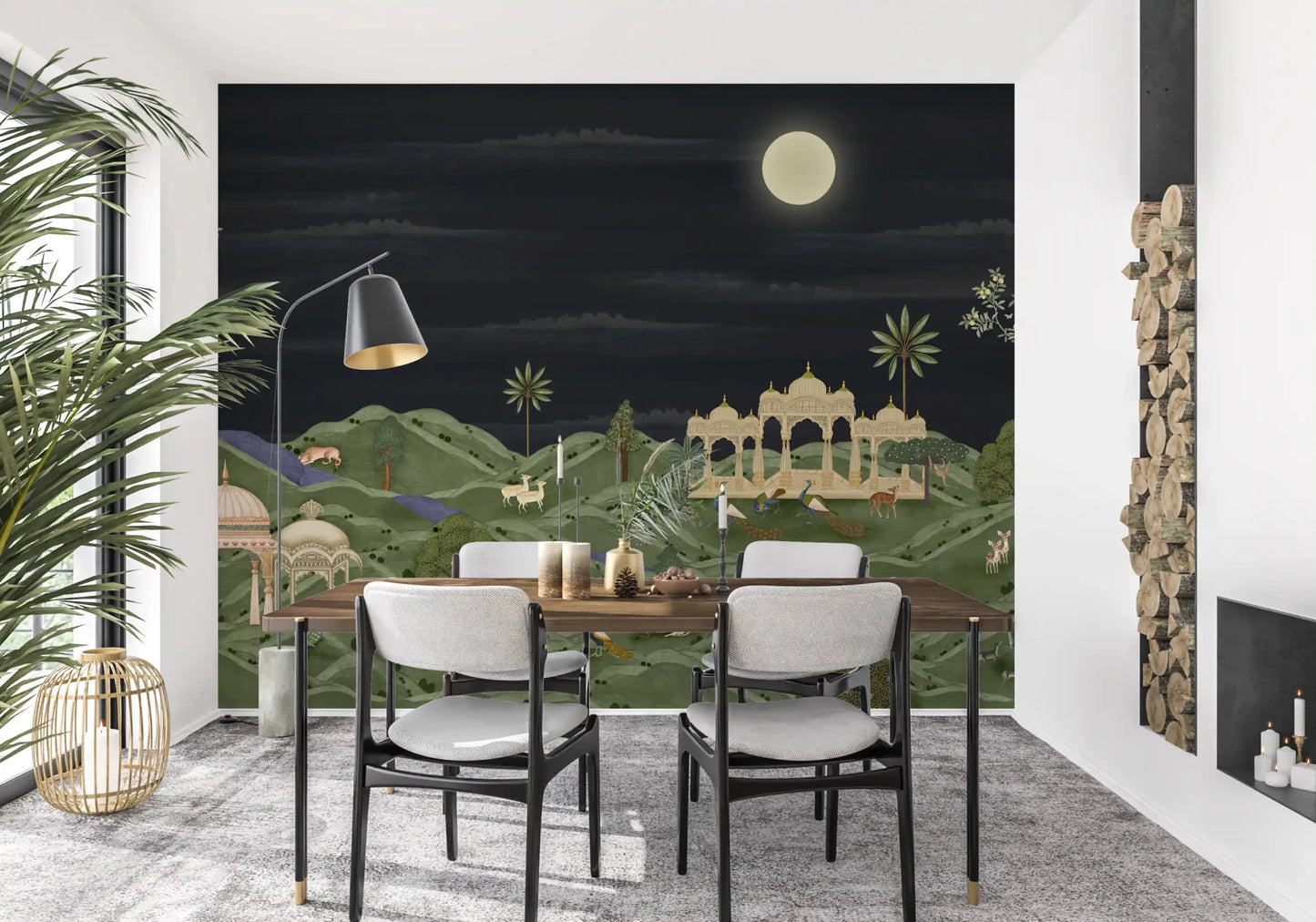 Moonlit garden landscape wall mural with palace arches and hills