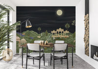 Moonlit garden landscape wall mural with palace arches and hills